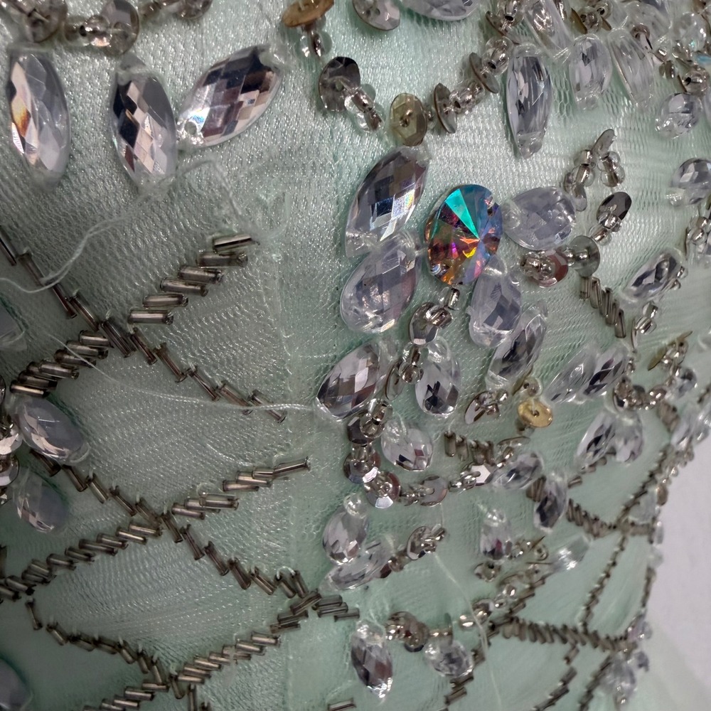 Clarisse Mint Beaded Homecoming Dress Size 2 Illusion Neck Rhinestone Fit Flare - Picture 4 of 14